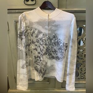St. John Light Gray Zip-Front Leopard Motif light sweater